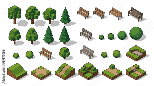 Curated isometric pixel art assets trees, benches, and terrain for building vibrant virtual park scenes and game environments