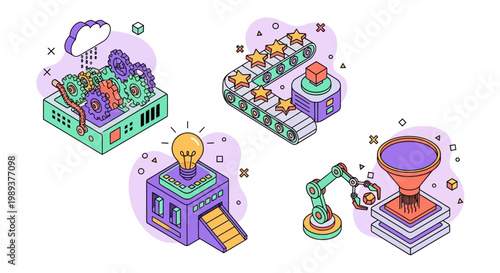 Creative Process and Automation Concepts Illustrated in Isometric Style