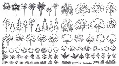 Comprehensive Vector Outline Collection of Diverse Trees, Shrubs, and Garden Plants for Architectural Landscape Design and Graphic Projects