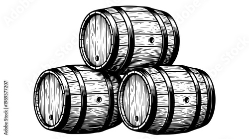 Three wooden barrels stacked in a pyramid shape design