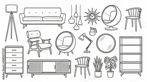 Stylized Line Art Vector Set Featuring Diverse Home Furniture and Decor Elements for Interior Design Projects and Modern Lifestyle Graphics