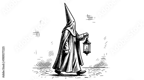 Ku klux klan member walking with a lantern at night