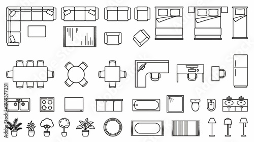Top-down view vector icons of various furniture and home appliance elements, ideal for architectural floor plans and modern interior design layouts