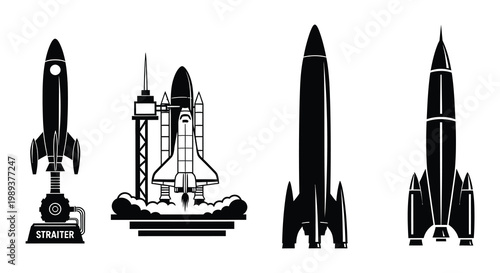 Collection of black silhouette rockets and spacecraft launching into the sky