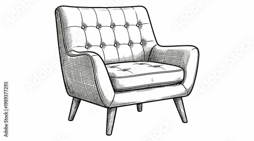 Detailed line art illustration of a retro-inspired upholstered armchair, an elegant concept of comfort and sophisticated design for contemporary living spaces and home decor projects