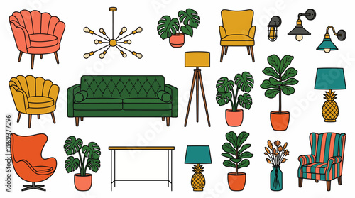 Curated collection of stylish home decor elements featuring outlined furniture and potted plants, perfect for modern interior design projects and digital graphic assets