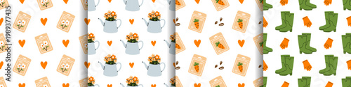 Vector seamless pattern set with cute seed packets, flower jug, carrot seeds and boots with glove for gardening, farm and agriculture project on white background. Seamless wrapping paper prints.