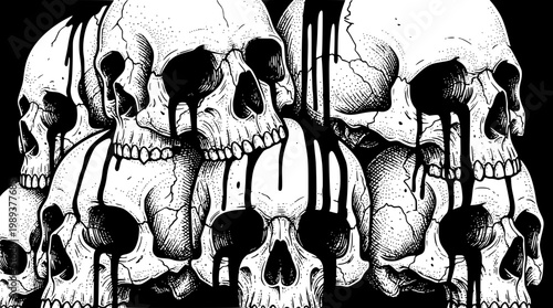 Black and white vector illustration of human skulls design