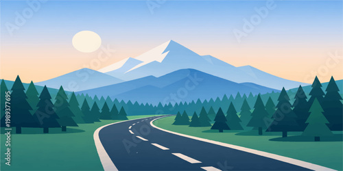Scenic asphalt highway winding through a green summer valley toward snow capped mountain peaks under a cloudy sky in the Alaskan wilderness landscape