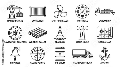 Various shipping and navigation icons in vector graphic illustration