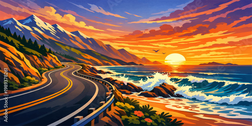 Cinematic asphalt highway winding through rural mountains toward the orange horizon under a dramatic sunset sky with golden sunlight and soft clouds