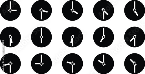Clock icon set showing different times in clean minimal style. Black circle time symbols for schedule apps  design. Simple vector collection of clock faces.