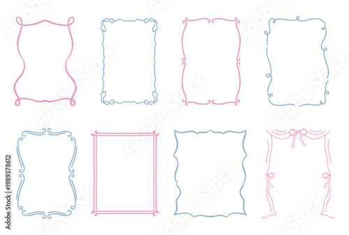 Elegant Vintage Ornamental Frames Set – Hand Drawn Decorative Borders in Pastel Pink and Blue, Doodle Line Art Frame Collection for Invitations and Branding