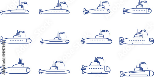 Fleet of blue outline submarines on transparent background, underwater exploration and naval vessels.