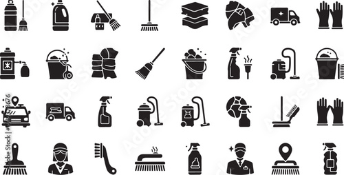 Cleaning Supplies and Tools Icon Set Collection