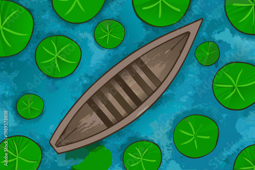 Overhead view of a small wooden boat floating on a lily pad pond