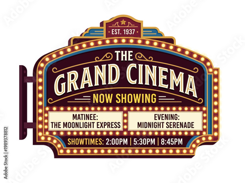 Grand Cinema Marquee Sign - Vintage Style Illumination Showing Movie Showtimes
