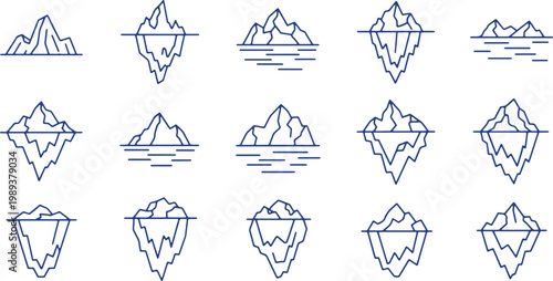 Iceberg outlines on transparent background, arctic landscape and floating ice formations.