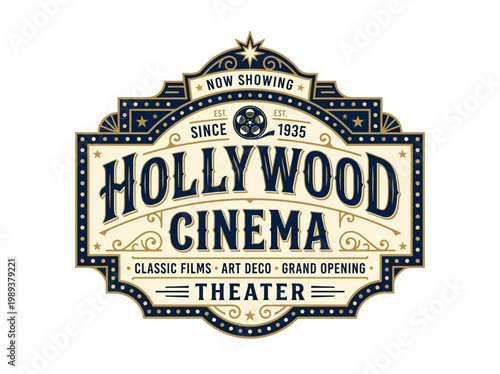 Hollywood Cinema Theater Art Deco Classic Films Grand Opening Vintage Emblem