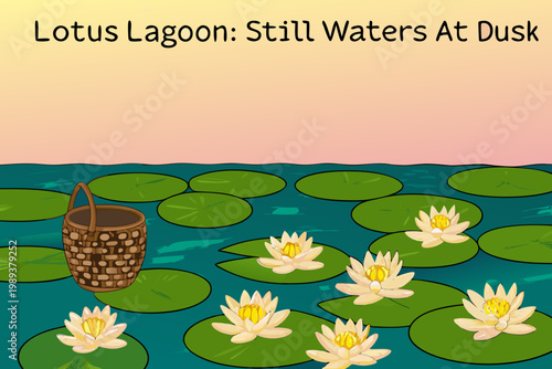 A serene lagoon scene features lotus flowers and a woven basket