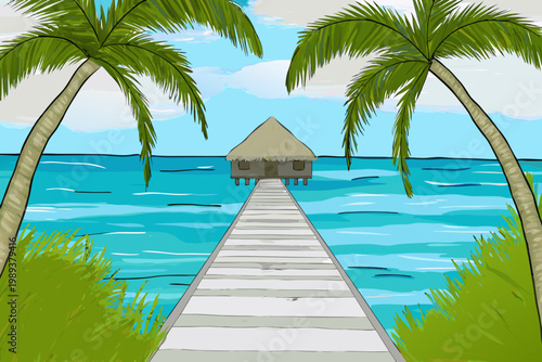 A thatched roof bungalow over water framed by swaying palm trees