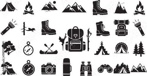 Camping and hiking icons and travel symbols set