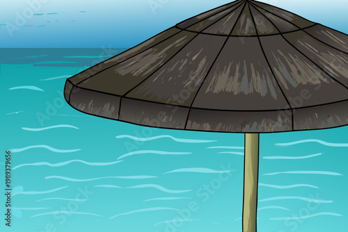 A cartoon illustration of a thatched umbrella over turquoise ocean waves