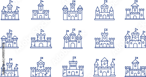 Collection of blue outline castles on transparent background.