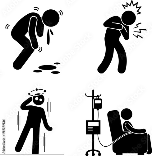 Sick Man Icon Set Representing Symptoms of Food Poisoning or Viral Infection