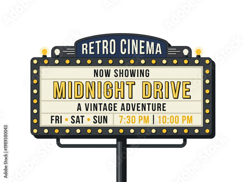 Retro Cinema Marquee Sign Announcing 'Midnight Drive A Vintage Adventure' with Showtimes