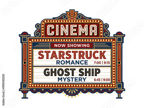 Retro cinema marquee advertising classic film showings, featuring titles like 'Starstruck Romance' and 'Ghost Ship Mystery' with showtimes