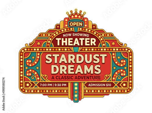 Retro movie theater marquee sign advertising a classic adventure at Stardust Theater with showtimes and admission price, evoking a vintage cinematic experience