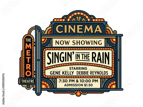 Retro cinema marquee advertising a screening of a classic musical film, featuring colorful lights and vintage typography for an engaging display