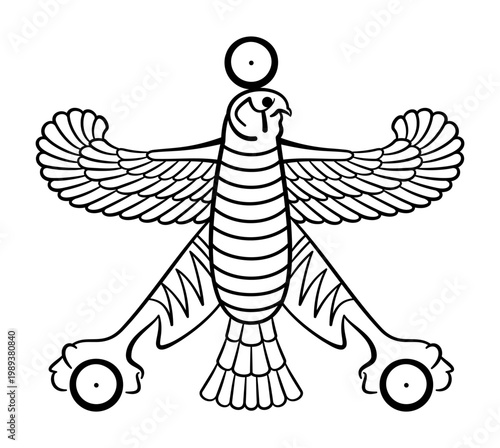 Shahbaz, fabled bird with spread wings, a god in Persian mythology who helped Iranian peoples and guided the Faravahar to the Iranian lands. First used by Cyrus the Great on military standards. Vector