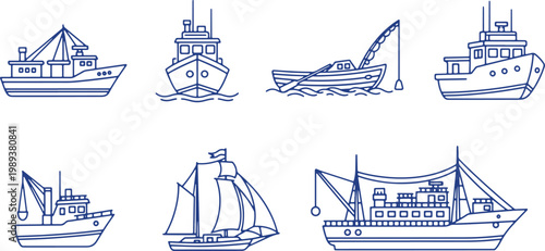 Various fishing and sailing boat outlines for maritime and industry themes on transparent.