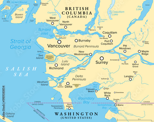 Greater Vancouver, British Columbia, Canada, political map, with largest cities and rivers. Also known as Metro Vancouver, a metropolitan area and geographic region, and part of Lower Mainland. Vector