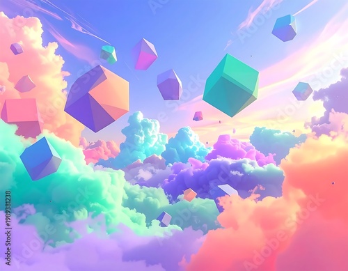 Abstract Floating Geometric Cubes In Pastel Clouds Digital Illustration With Turquoise And Pink Surreal Landscape At Sunset