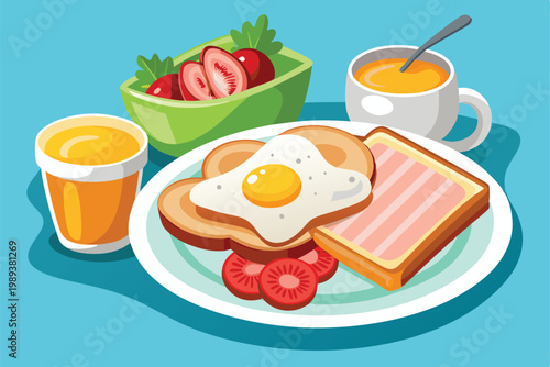 ham egg and toast breakfast set vector on white background