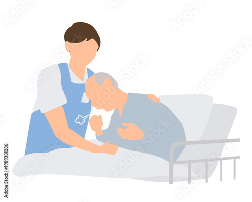 むせる高齢男性を支える介護シーン／誤嚥・看護・入院生活