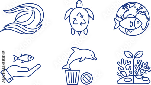 Blue line art icons for environmental protection and ocean life conservation.