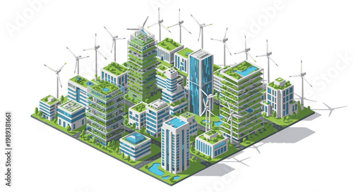 Sustainable city with green buildings wind turbines 2.