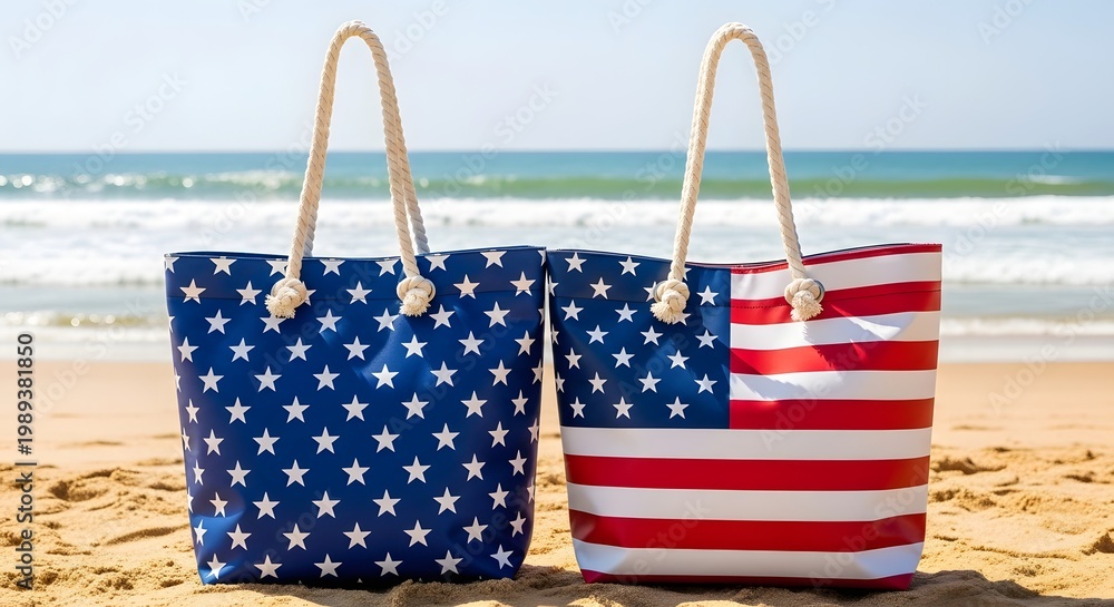 Fototapeta premium Two patriotic beach tote bags with american flag design on sandy beach