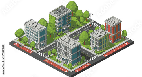 Isometric city block with green buildings.