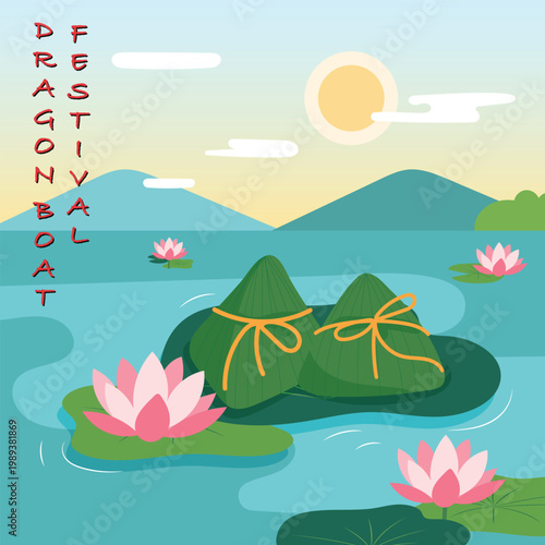 Ricky rice dumplings on the lotus leaves flat design template