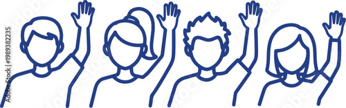 Happy people waving hands to greet and welcome diverse group of friends.