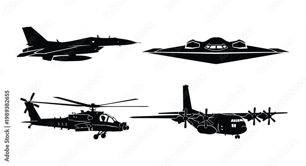 Fototapeta premium Silhouettes of military aircraft fighter jet stealth bomber helicopter and transport