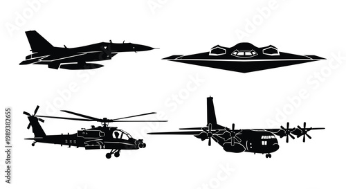 Silhouettes of military aircraft fighter jet stealth bomber helicopter and transport