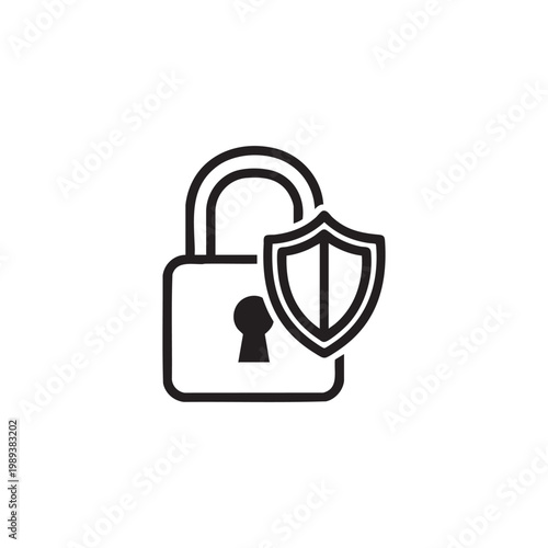 Black line art of a padlock with shield