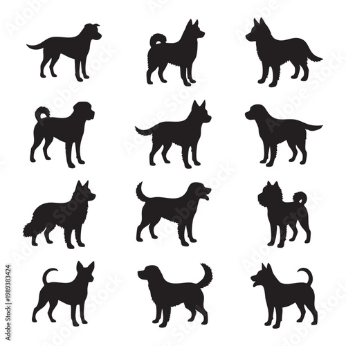 Collection of various dog breeds in silhouette