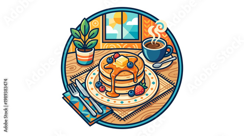 Stack of pancakes with syrup and fruit.